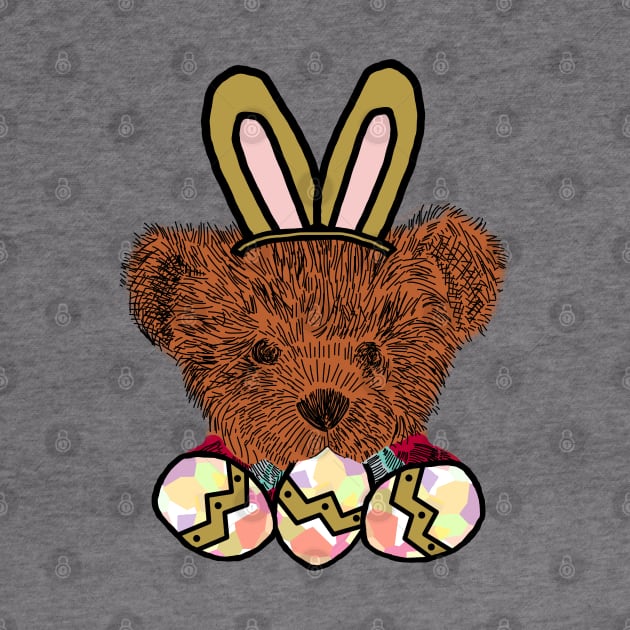 Happy Easter Bunny Ears on Teddy Bear Eating Easter Eggs by ellenhenryart